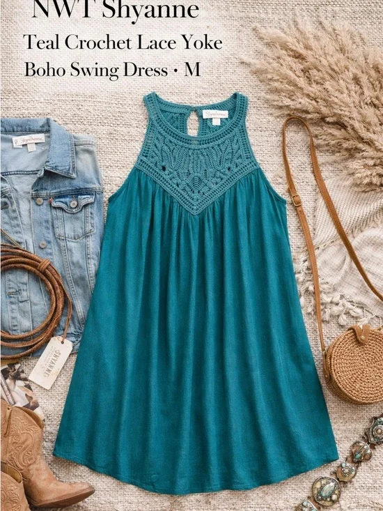 NWT Shyanne Teal Crochet Lace Yoke Boho Swing Dress M - Picture 2 of 10